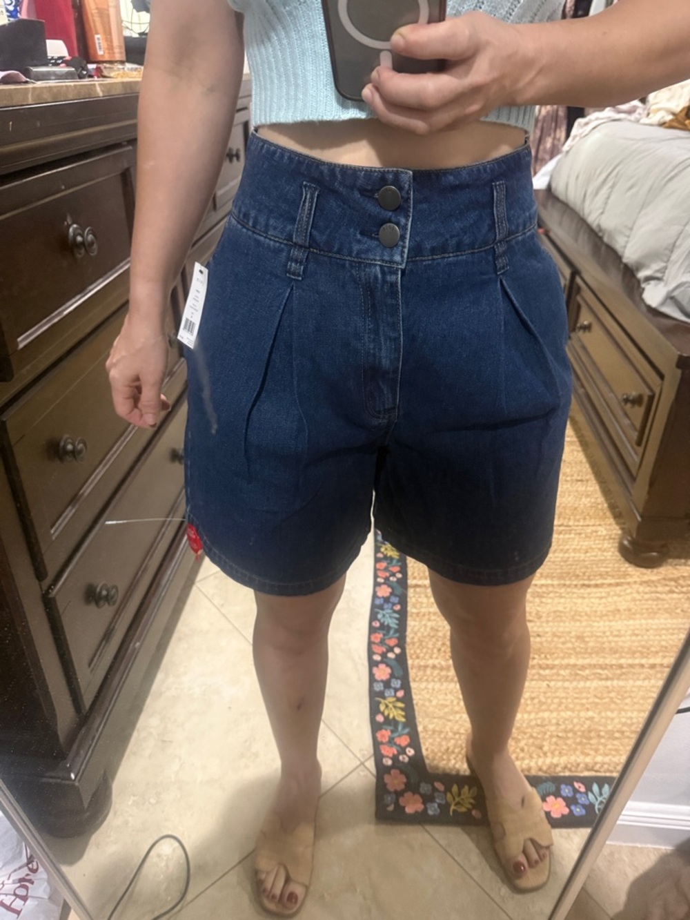Jolie Dark Blue High-Rise Pleated Jean Shorts